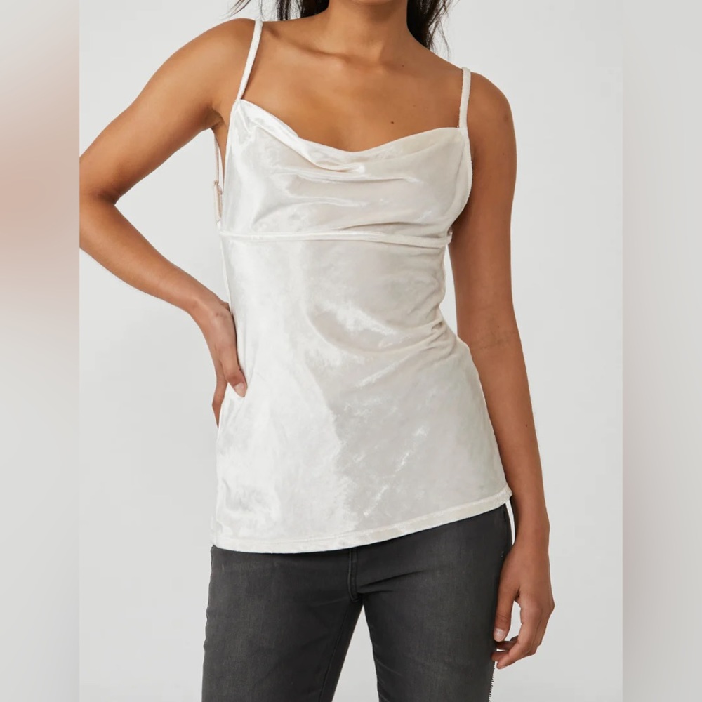 Velvet Cowl Neck Spaghetti Strap Tank Top - White